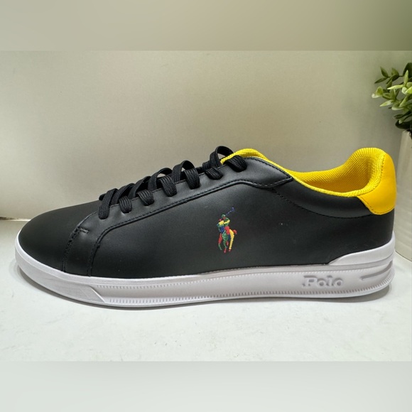 NEW Polo Ralph Lauren Heritage Court II Men’s Leather Sneakers Black Yellow 13 - Picture 7 of 9